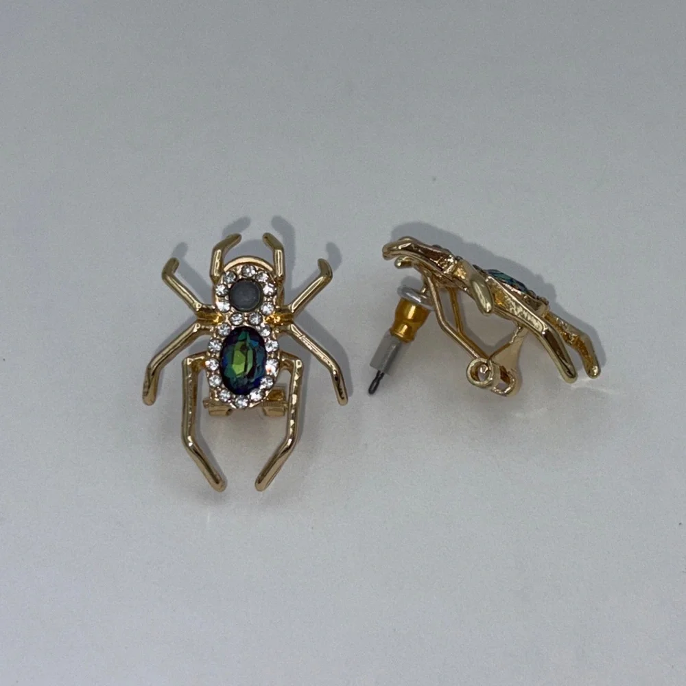 Betsey Johnson Jeweled Gold Spider Stud Earrings New